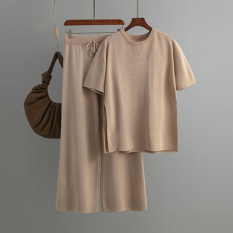 Conjunto de dos piezas de punto con top de manga corta y pernera ancha de color liso para mujer