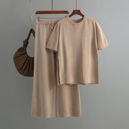 Conjunto de dos piezas de punto con top de manga corta y pernera ancha de color liso para mujer