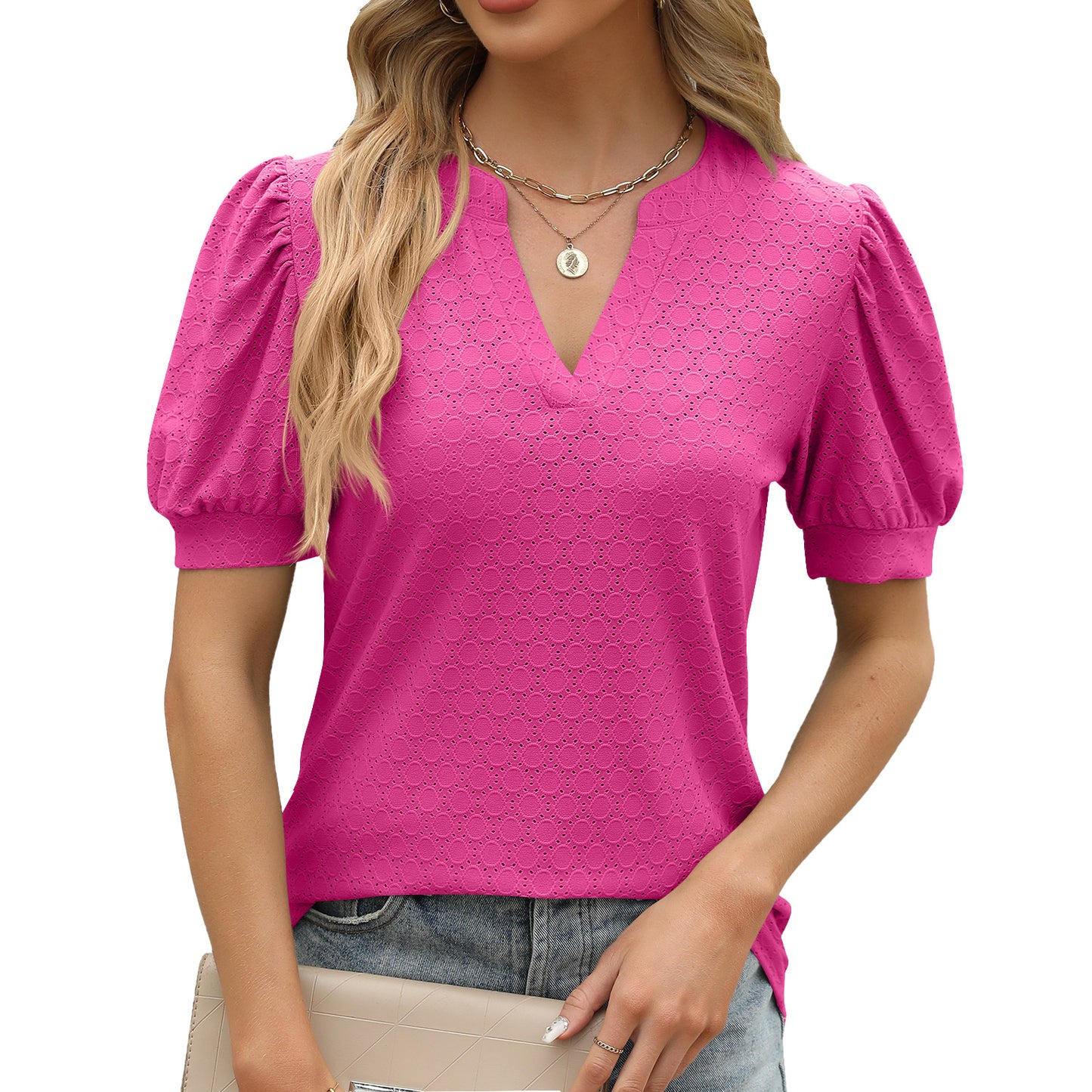 Blusa informal de verano para mujer, holgada, con escote en V, mangas abullonadas y plisada de manga corta