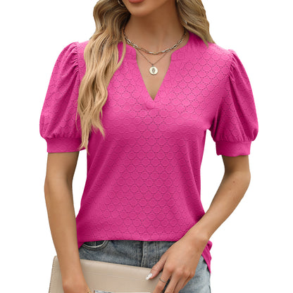 Blusa informal de verano para mujer, holgada, con escote en V, mangas abullonadas y plisada de manga corta