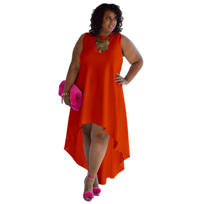 Women Fashion Casual Plus Size Loose Solid Color Round Neck Sleeveless Irregular Skirt Dress