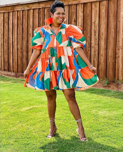 Women Elegant Fashion Casual Ruffled Short Sleeves Color Blocking Shirt Dress