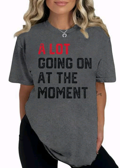 Camiseta informal de manga corta con cuello redondo y estampado de letras y eslogan de color liso para mujer