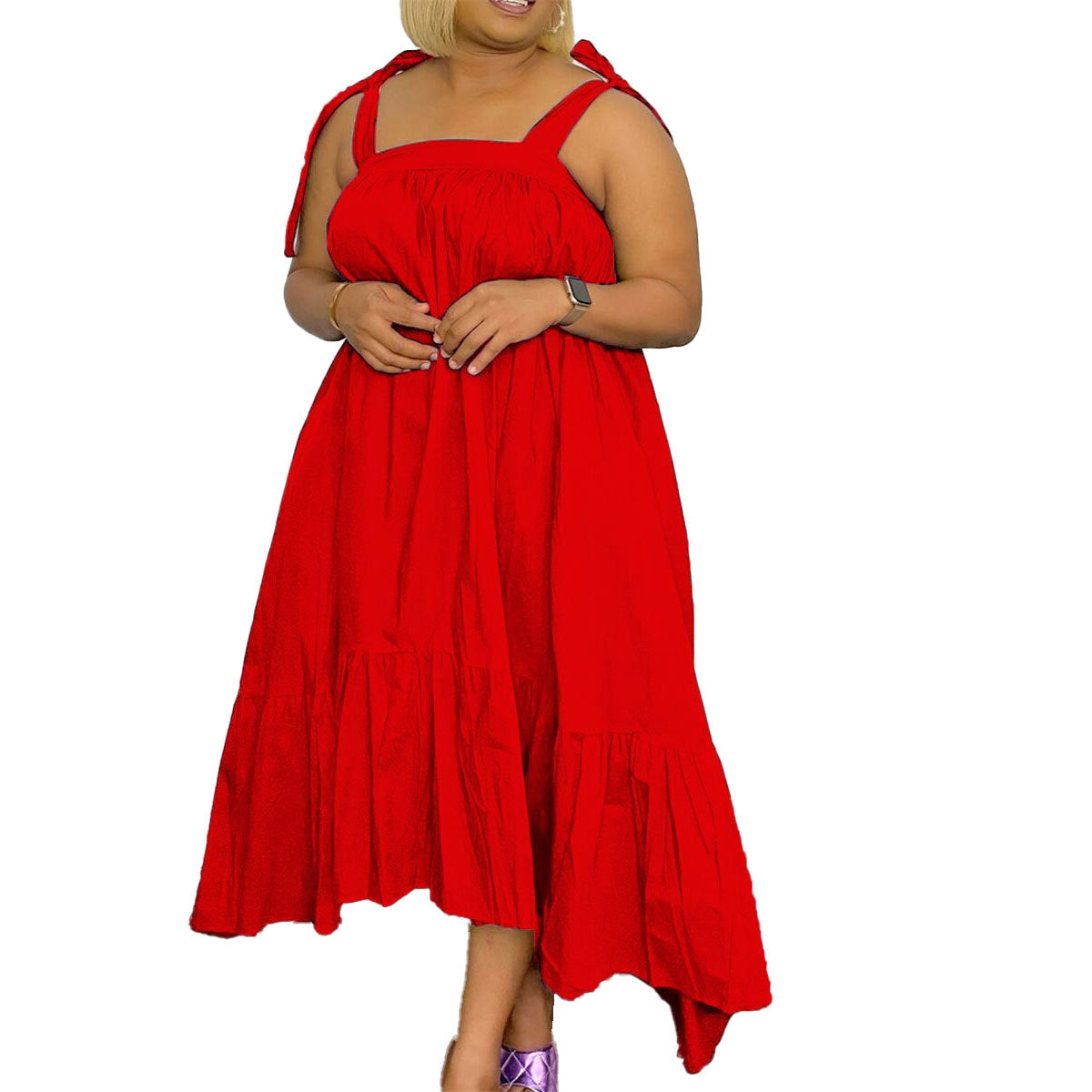 Women Fashion Casual Plus Size Solid Color Sling Dress