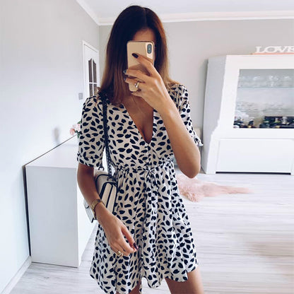 Women Casual Bohemian Elegant Summer V Neck Short Sleeves Loose Ruffled Dress