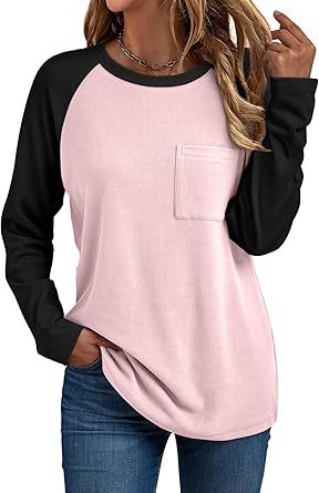 Camiseta informal de manga larga con cuello redondo y bolsillo para mujer