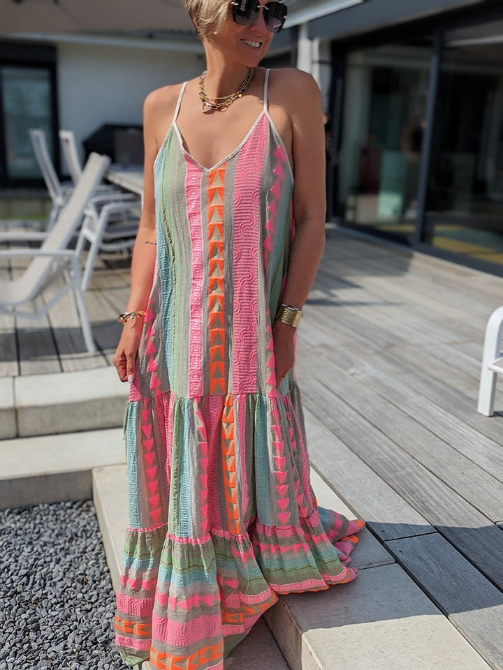 Vestido largo informal con cuello en V y estampado geométrico para mujer