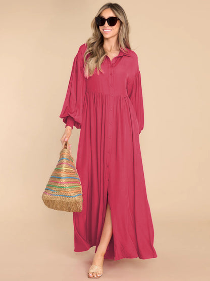 Women Fashion Casual Solid Color Creased Long Sleeve Maxi Dress