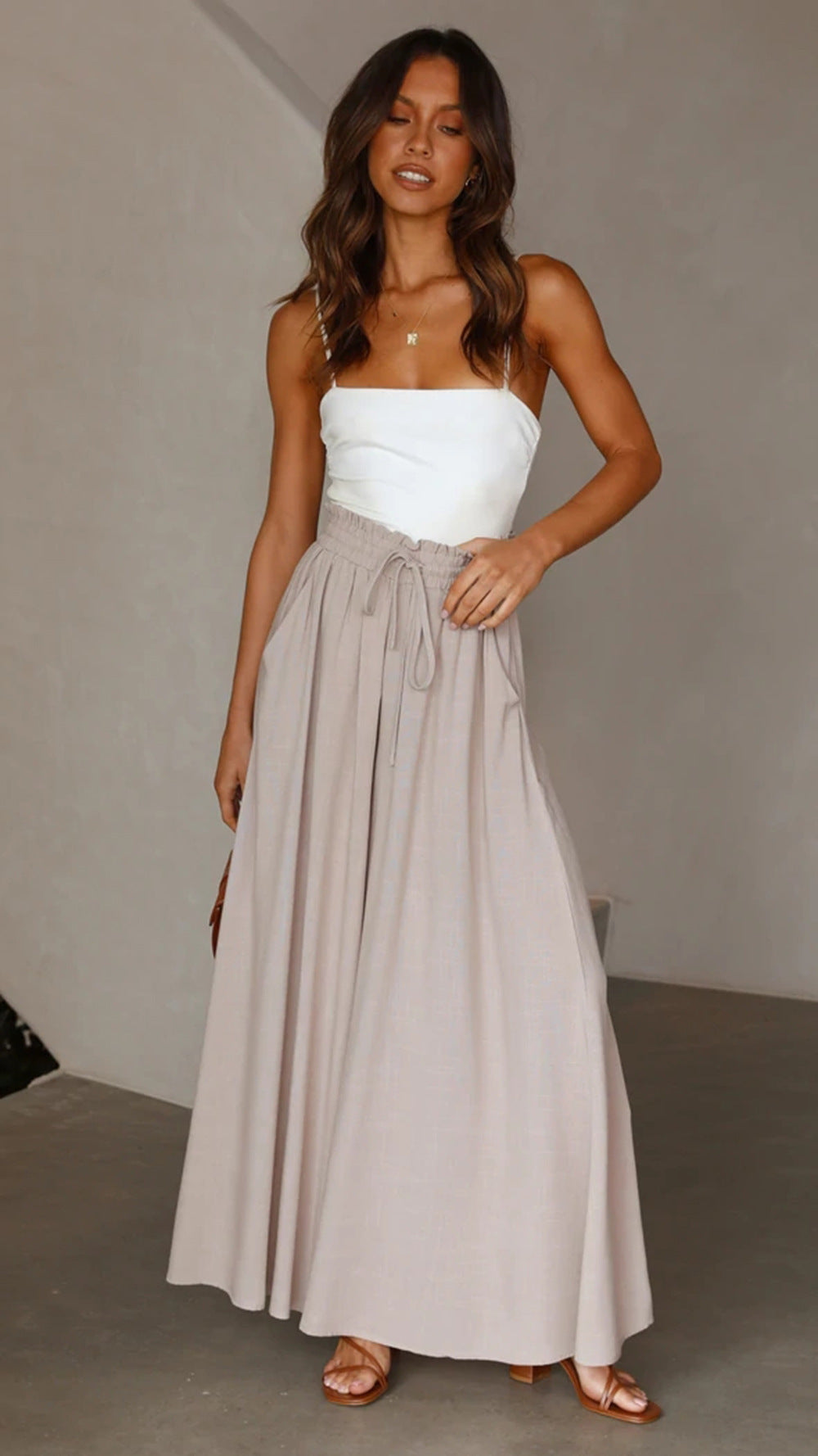 Women Solid Color High Waist Elastic Casual Wide Leg Pants