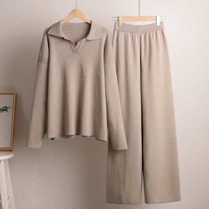 Conjunto de dos piezas de camiseta y pantalones de manga larga de punto con cuello polo informal para mujer