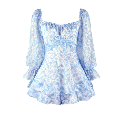 Mono informal de mujer con volantes, cuello cuadrado y manga larga con flores pequeñas