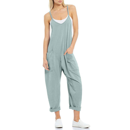 Women Casual Solid Color Pocket V Neck Loose Spaghetti Strap Jumpsuit