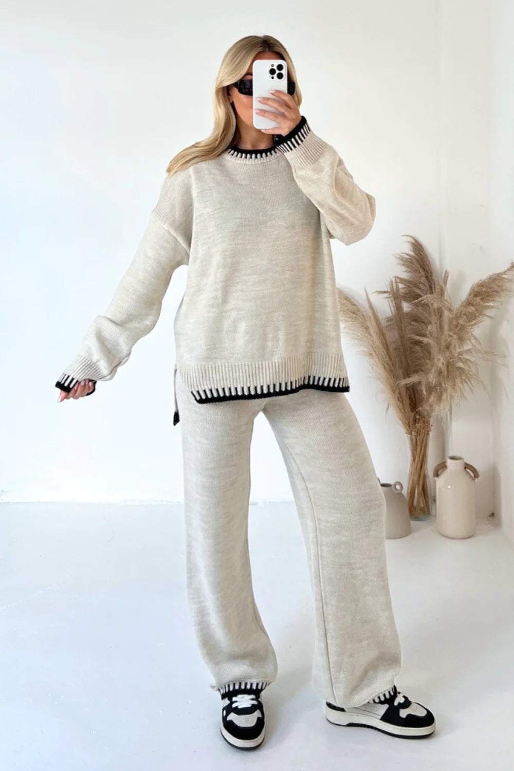 Casual Winter Fashion Solid Color Women Loose Knitted Sweater Pants Two-Piece Set