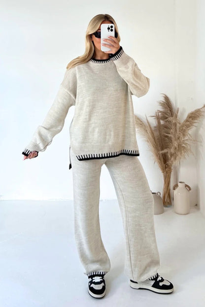 Casual Winter Fashion Solid Color Women Loose Knitted Sweater Pants Two-Piece Set