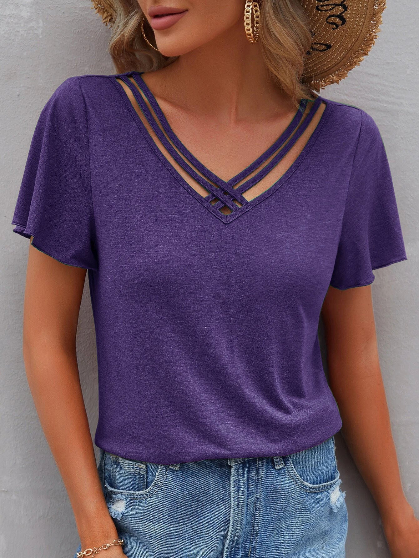 Camiseta informal de verano para mujer, con cuello en V y manga corta