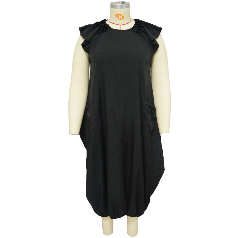 Vestido holgado informal de talla grande con mangas casquillo y volantes de color liso a la moda para mujer