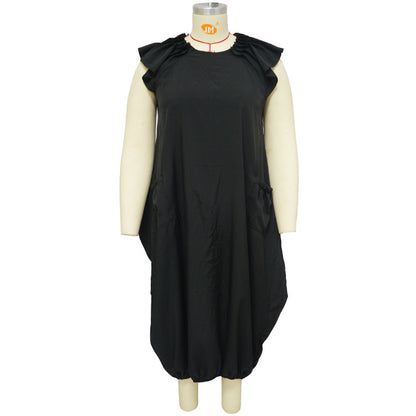 Vestido holgado informal de talla grande con mangas casquillo y volantes de color liso a la moda para mujer