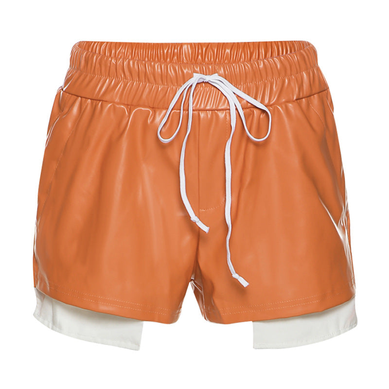 Women Contrast Color Imitation Leather Lace High Waist Hip Tight Casual Shorts