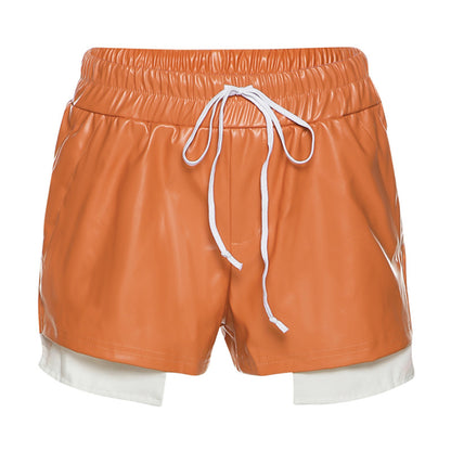 Women Contrast Color Imitation Leather Lace High Waist Hip Tight Casual Shorts
