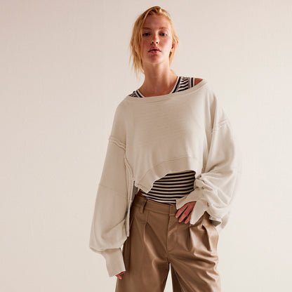 Sudadera corta informal de manga larga con cuello redondo y color liso para mujer