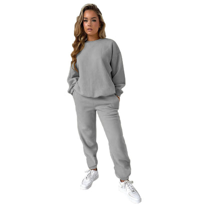 Conjunto informal de dos piezas con top y pantalón holgado de manga larga y cuello redondo de color liso para mujer