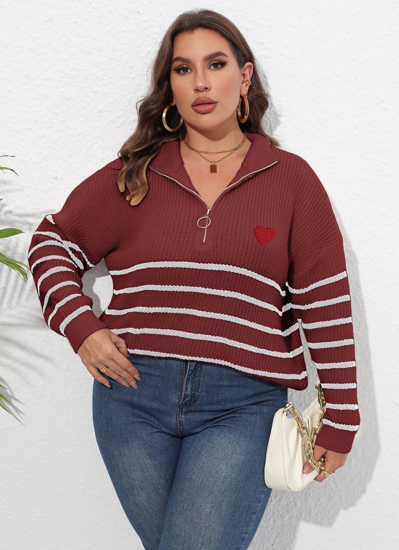 Suéter de punto informal para mujer, talla grande, invierno, otoño, a rayas, media cremallera y solapa