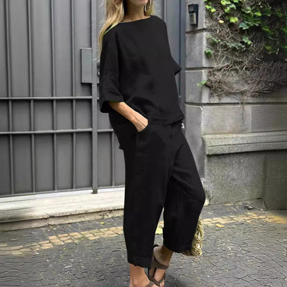 Conjunto de dos piezas de camisa y pantalón holgados de color liso para mujer