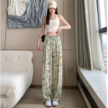 Women Summer Basic Casual Tie-Dye High Waist Ice Silk Wide-Leg Trousers