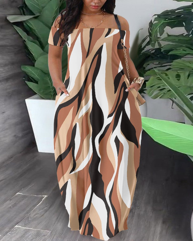 Women Casual Fashion Short Sleeve Off-Shoulder Graphic Printed Maxi Dress