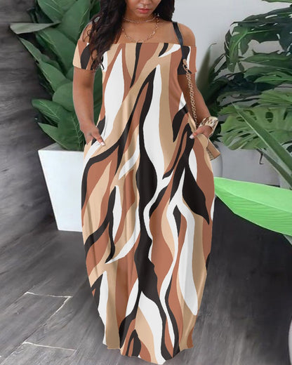 Women Casual Fashion Short Sleeve Off-Shoulder Graphic Printed Maxi Dress