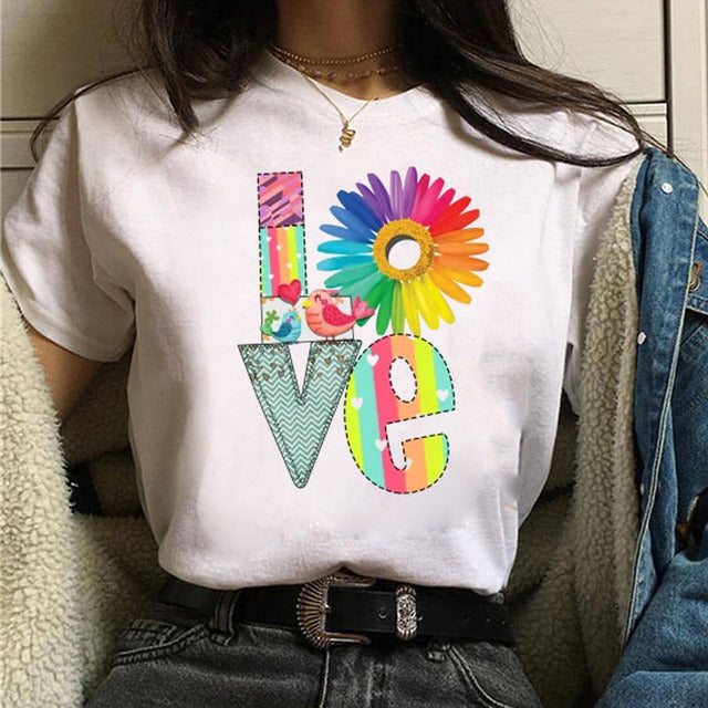 Camiseta informal de manga corta con estampado de letras de amor para mujer