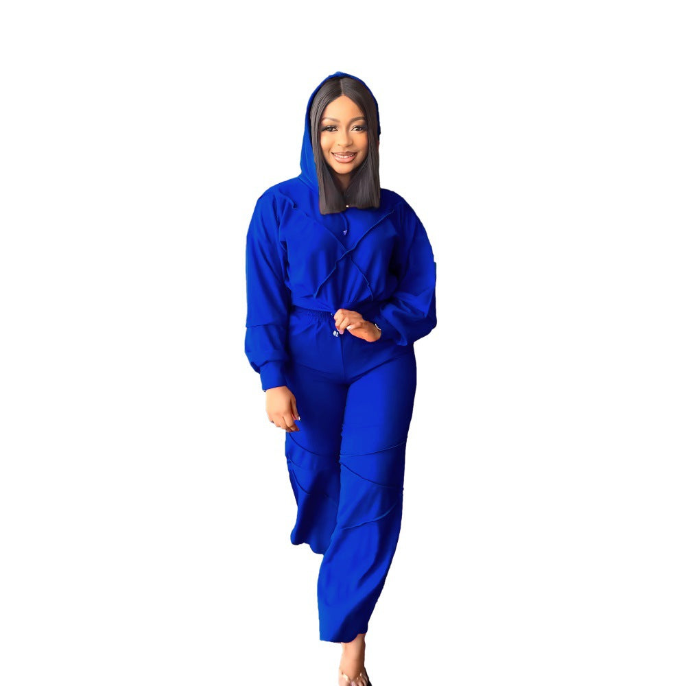 Women Athleisure Fashionable Sports Solid Color Hooded Straight Casual Pants Two-Piece Set