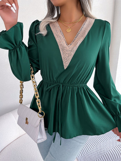 Blusa de gasa con volantes y cintura definida con cuello en V y cordones para oficina informal para mujer