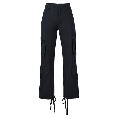 Women Solid Color High Waist Pocket Loose Casual Fashion Pants