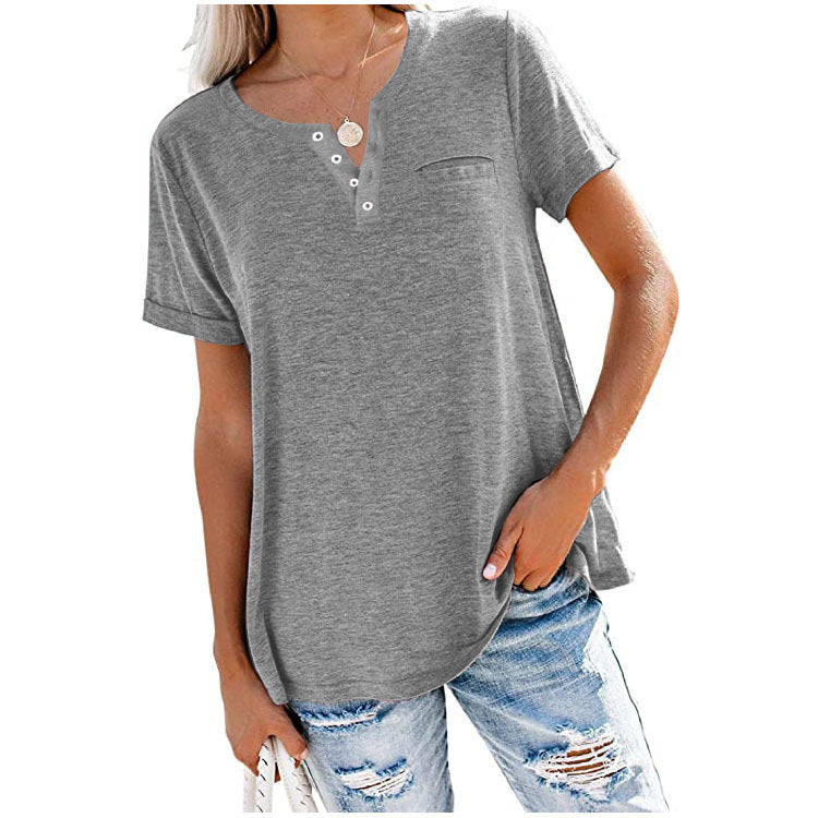 Spring And Summer Women V-Neck Solid Color Casual Women T-Shirt