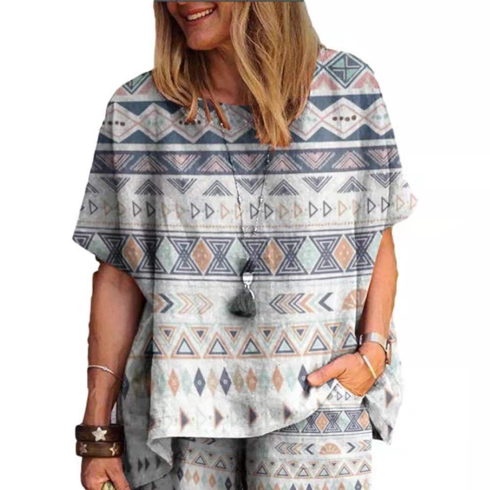 Women Casual Summer Floral Print Loose Short Sleeve T-Shirt And Shorts Set
