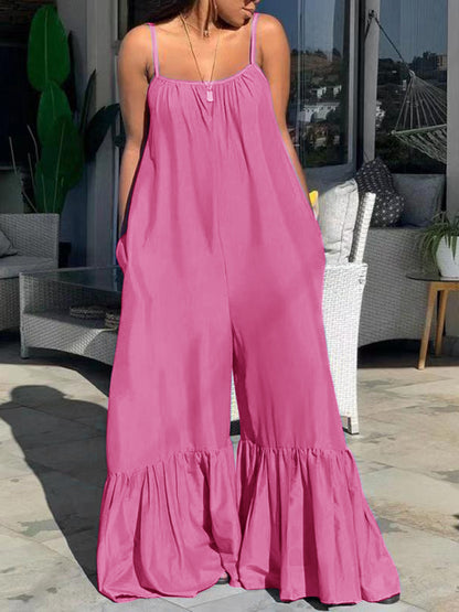 Women Casual Loose Plus Size Solid Color Sleeveless Ruffled Jumpsuits