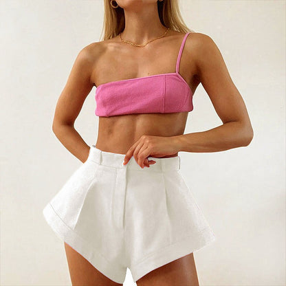 Women Fashion Casual Solid Color High Waist Wide Leg Shorts