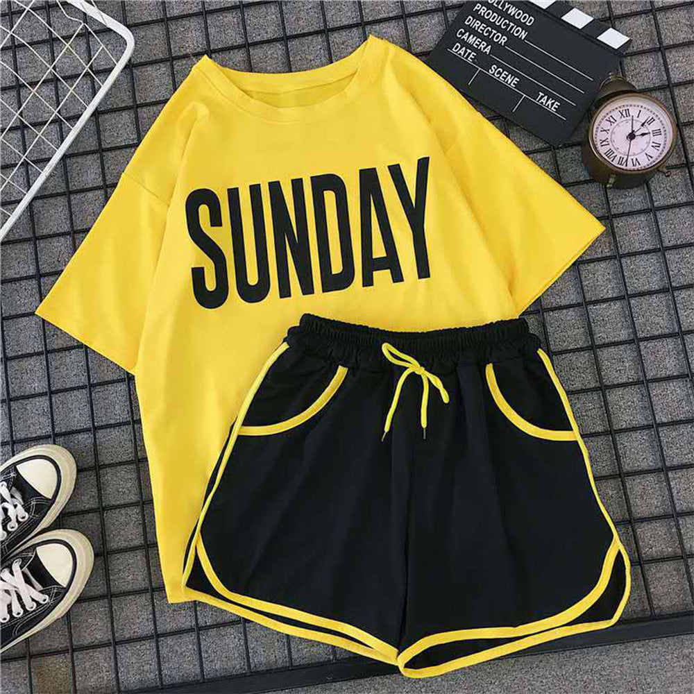 Women Casual Fashion Letter Print Short Sleeves T-shirt And Drawstring Shorts Two Piece Set