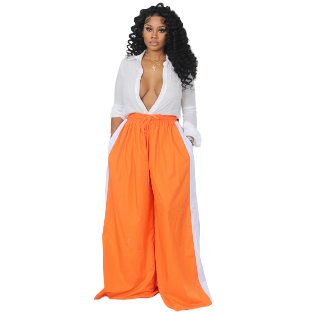 Women Fashion Casual Color-Matching Drawstring Wide-Leg Pants