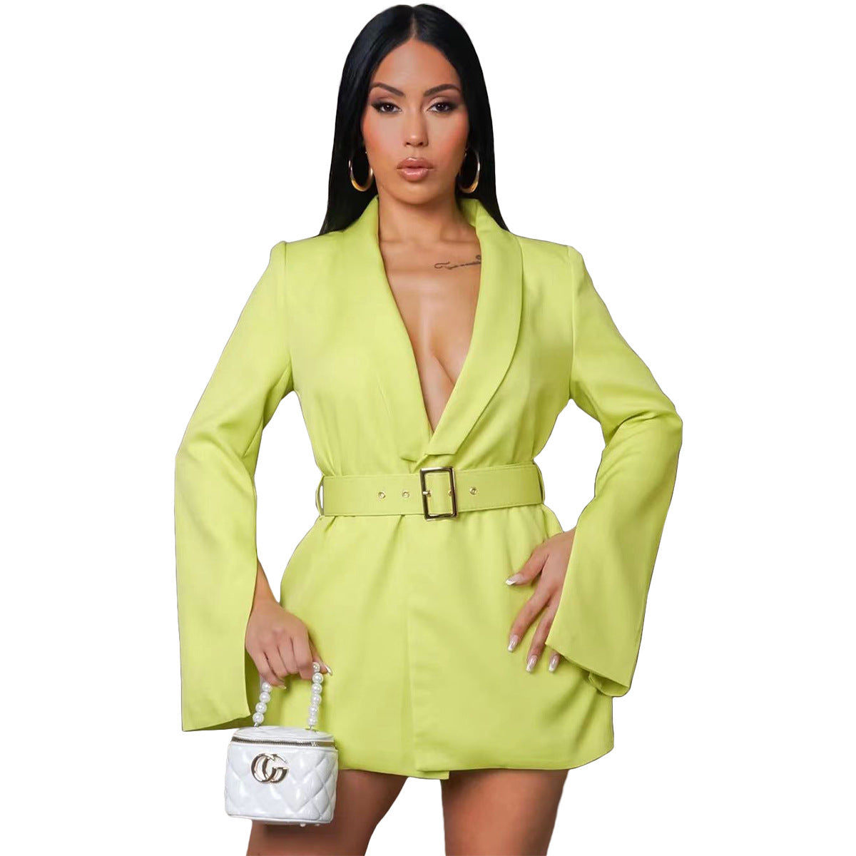 Women Fashion Casual Deep V Long Sleeve Blazer Dress Belt