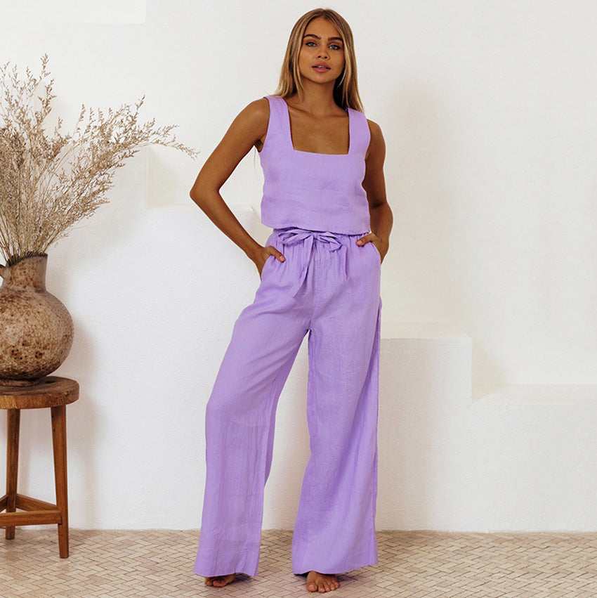 Conjunto de pijama informal sin mangas y pantalones para el hogar a la moda para mujer