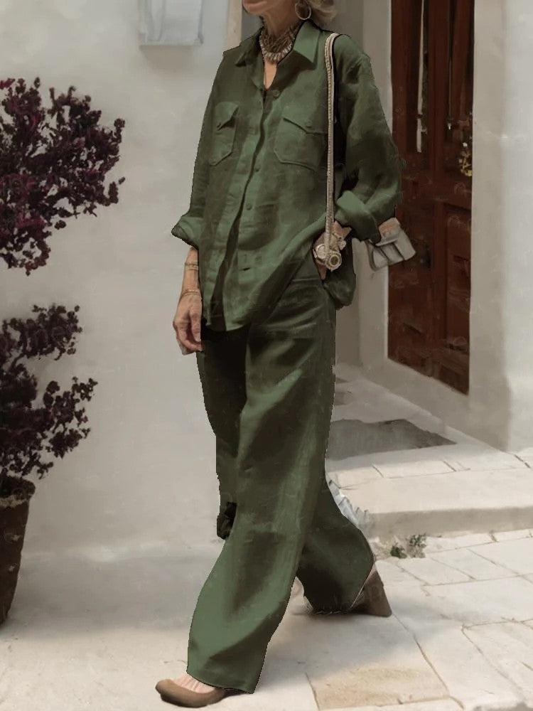 Conjunto de dos piezas de camisa y pantalones holgados de manga larga de color liso para mujer