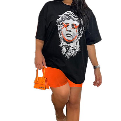 Conjunto deportivo informal de dos piezas con camiseta de manga corta y estampado gráfico para mujer