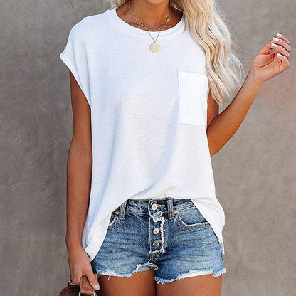 Camiseta informal de manga corta con cuello redondo y bolsillos de color liso para mujer
