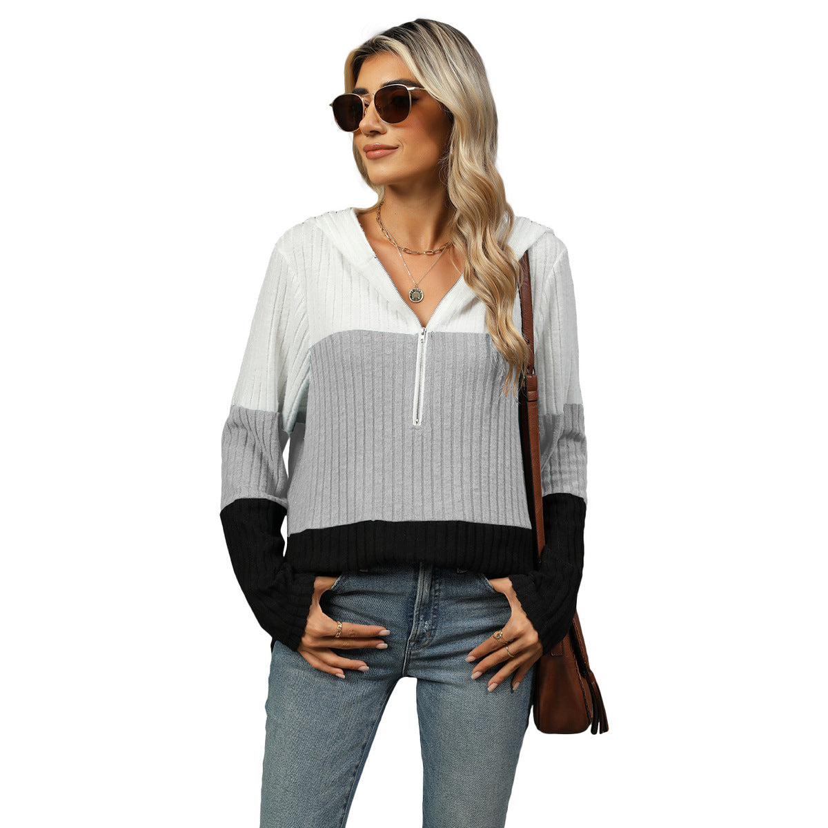 Sudadera con capucha de manga larga con cremallera y costuras de colores contrastantes, informal, holgada, a la moda para mujer