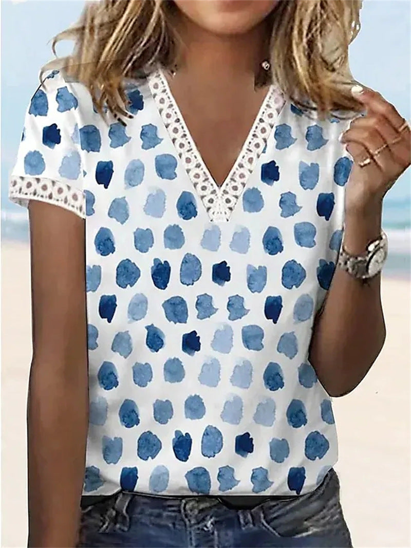Blusa informal de verano para mujer, con escote en V, encaje, plumas, estampado floral, manga corta
