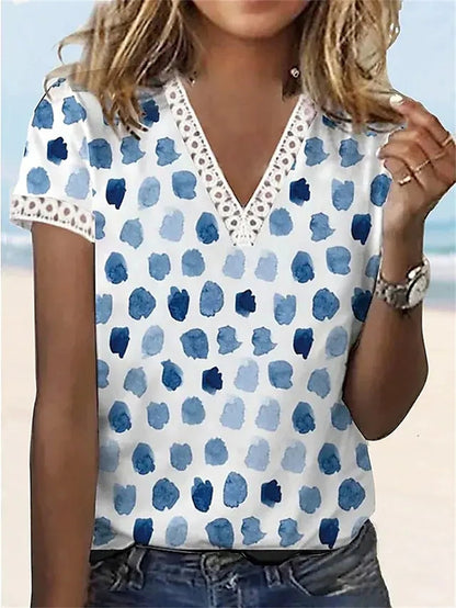 Blusa informal de verano para mujer, con escote en V, encaje, plumas, estampado floral, manga corta