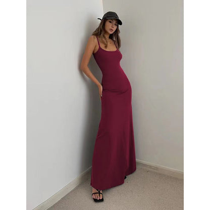 Vestido maxi informal de verano con tirantes finos, básico y sexy para mujer, de color liso