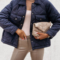 Abrigo corto acolchado de un solo pecho con cuello alto, color liso, informal, de moda para mujer, otoño e invierno